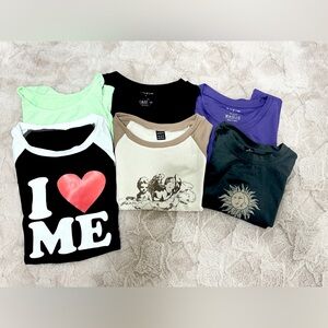 SHEIN haul Graphic Crop Tops - Black, Green, Purple, Brown